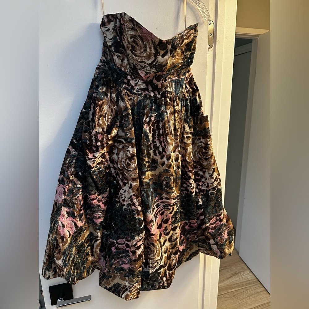 Floral Strapless Dress in Pink and Brown, w Pocket